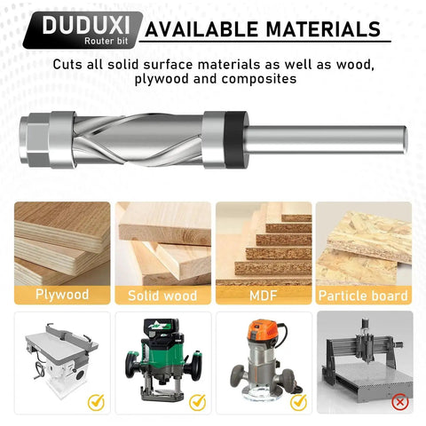 Carbide Compression Flush Trim Router Bit With One Quarter Inch Shank, Top And Bottom Bearing, Four Flutes, Spiral Up Down Pattern