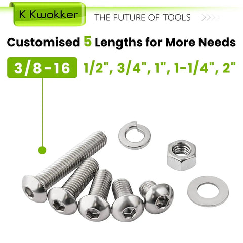 Pro Grade Stainless Steel 304 3/8-16 Bolt And Nut Set With Washers Full Thread Includes 160 Pieces, shown in various lengths.