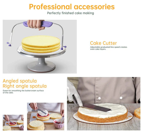 12 Inch Aluminum Cake Turntable Decorating Stand With Rotating Cake Stand Go To Kit For Cakes And Pastries Including Leveler Icing Comb Set 8 Pro Grade Decorating Tips Reusable Coupler And 10 Disposable Pastry Bags, featuring a cake cutter and angled spatula for smooth icing application.