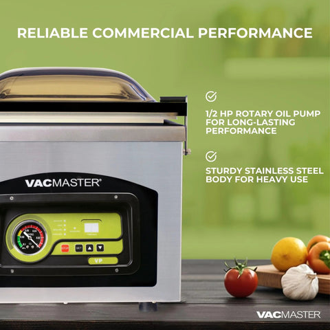 Vacmaster VP230 chamber vacuum sealer, stainless steel body with green control panel and VacMaster logo