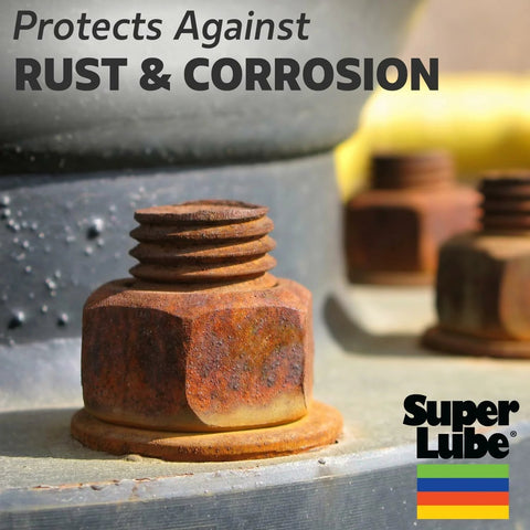 Rusty bolts and nuts close-up with Super Lube logo in bottom-right