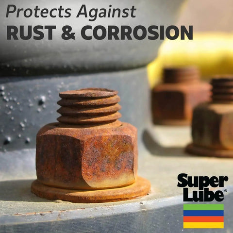 Rusty bolt with text 'Protects Against Rust & Corrosion' displayed next to logo, highlighting the use of oil.