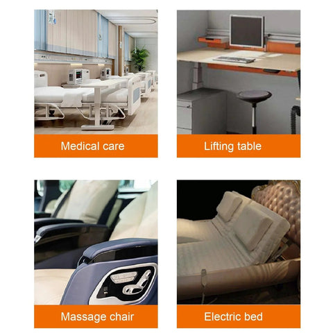 Four images showing uses of linear actuators: medical care bed, lifting table, massage chair, and adjustable electric bed.