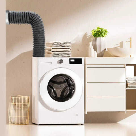 Laundry room with 8Ft Flexible Aluminum Dryer Vent Hose 4 Inch Duct With Rubber Seal Connectors attached to dryer and wall vent.