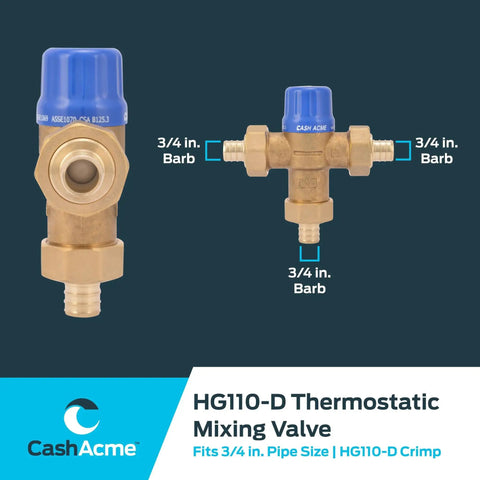 Thermostatic Mixing Valve Three Quarters Inch HG110 Crimp With Barb Connections And Integral Checks Brass Plumbing Fitting 24507 Cash Acme Delivers Water At 120 Degrees F Or Lower From All Outlets While Allowing Heater Setpoint At 140 Degrees F Or Higher, front and side view with dimensions.