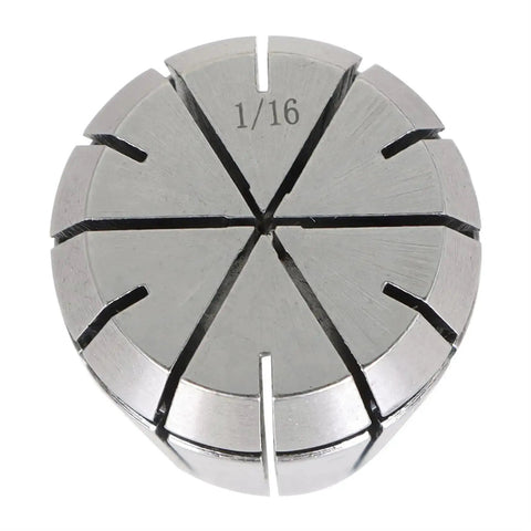 Close-up of a 1/16 inch ER32 steel spring collet from the 14 Piece ER32 Steel Spring Collet Set One Sixteenth Inch Through Three Quarters Inch For CNC Milling Chuck And Lathe Tool Holder Quick Clamp Durable High Precision Machining Accessory.