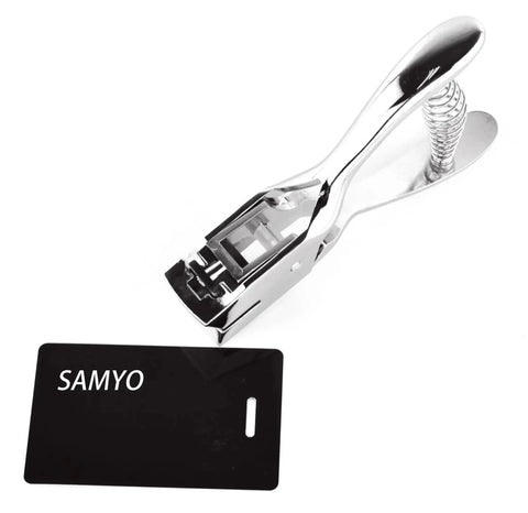 Pro Grade Heavy Duty Handheld ID Card Slot Punch Tool For Lanyards And Badges shown beside black PVC tag