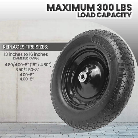 Flat Free Wheelbarrow Tire And Wheel Set, 14.5 Inch Solid Wheel With 3 Inch Hub on display showing tire tread and hub detail.