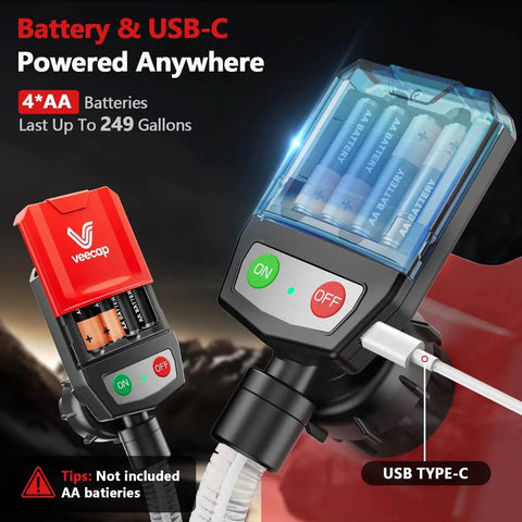 Electric Fuel Transfer Pump With Auto Stop For Gas Cans, 3.8 GPM Flow, 51 Inch Hose, Four Size Adapters, No Spill Gas Can Pump For Gasoline Diesel Kerosene, Gift For Men Dad Him 2nd Gen Red Black showing battery and USB-C charging options
