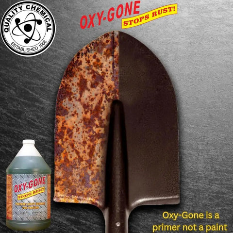 Easy Spray On Rust Remover And Metal Treatment For Metal Surfaces Oxy Gone By Quality Chemical 128 Oz Combo shown with rusty shovel