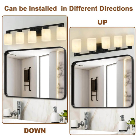 Five Light Modern Vanity Light Fixture In Black Metal With White Marble Glass E26 Base Sleek Minimalist Bathroom Vanity Wall Lamp shown installed upward and downward above a mirror in a bathroom setting.
