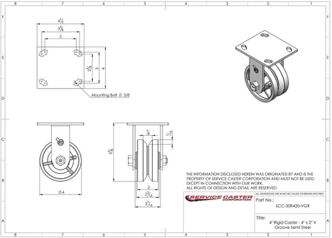 Technical drawing of V Groove Semi Steel Cast Iron Rigid Top Plate Heavy Duty Caster with Four Inch Wheel and 800 Pounds Capacity.