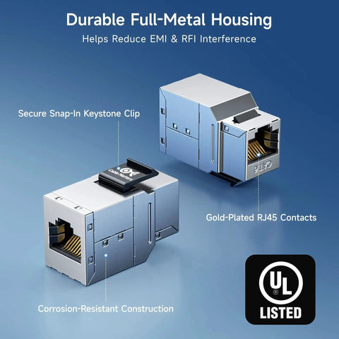 Durable full-metal Cat6 Keystone couplers for patch panels with gold-plated RJ45 contacts and secure snap-in keystone clip.