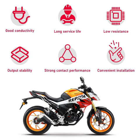 Motorcycle with benefits icons showing good conductivity, long service life, low resistance, output stability, and easy installation.