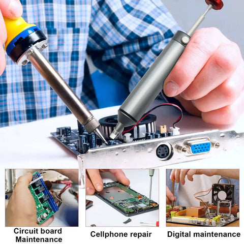 Heavy Duty Desoldering Pump With Strong Suction For PCB Repairs used on circuit board in workshop.