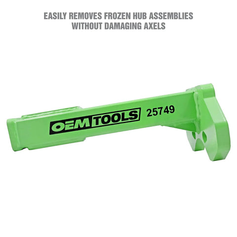 Wheel Bearing Removal Tool Kit for Axle Bolted Hubs With Reinforced Striking Plate, shown in green with text 'OEM TOOLS' and '25749'