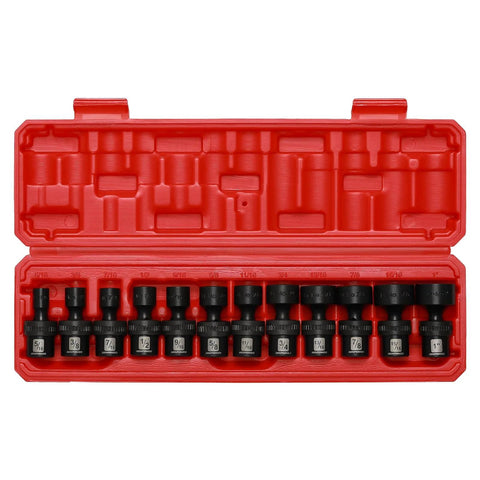 Shallow Impact Universal Joint Swivel Socket Set Three Eighths Inch Drive SAE Fractional Range From Five Sixteenths To One Inch Twelve Piece Chrome Molybdenum Steel With Flexible Wobble Heads Rugged Pro Grade Build in red case