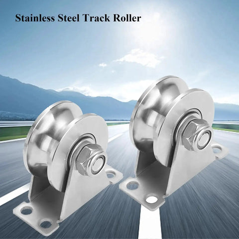 U Groove Gate Track Roller Set With Stainless Steel Construction, 3-inch diameter wheels, double bearings for sliding gates, front view
