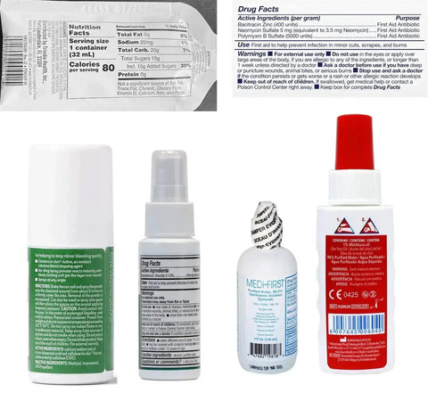 Bottles and labels of various medical sprays included in Fully Stocked First Responder Medical Kit For EMTs And Pros With CAT Tourniquet, HyFin Chest Seal, Israeli Bandage, And Over 250 Trauma Supplies HSA FSA Approved By Scherber.