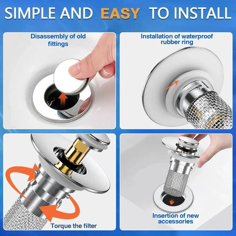 Installation steps for Two Pack Pop Up Sink Drain Hair Catcher With Removable Stainless Strainer Basket shown with visual instructions.