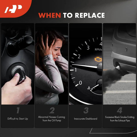 Image showing symptoms of fuel pump issues: hard start, noise, inaccurate dashboard, and black smoke from exhaust.