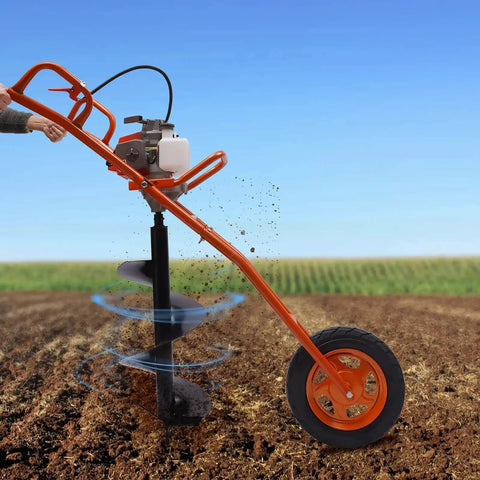 Powerful 63cc 2 Stroke Hole Digger Earth Auger Drill for Quick Potholing and Planting, Gas Powered Boring Machine with 3.15 Inch Drill Bits Included, shown with hand push cart on soil.