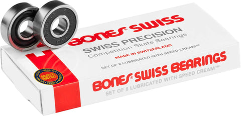 Bones Swiss skateboard bearings 8-pack, metal bearings on white box with red branding