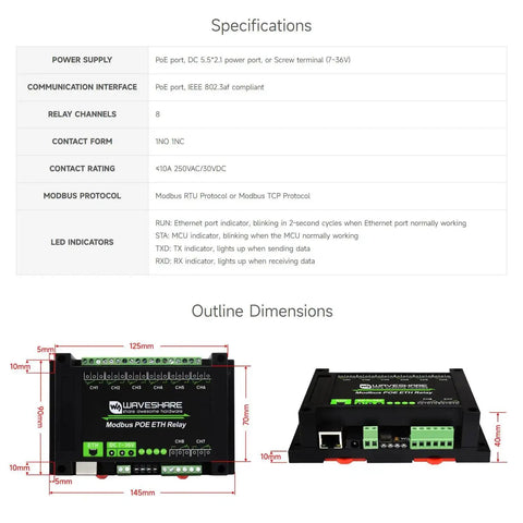 8 Channel Ethernet Relay Module with specifications and outline dimensions, featuring Modbus RTU TCP PoE power and MQTT control.