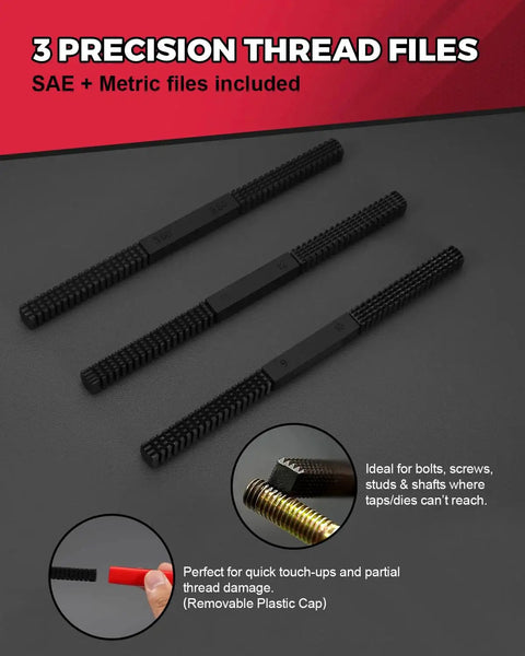Ultimate Heavy Duty Thread Repair Kit with 3 precision thread files for rethread damaged threads on bolts, nuts, and holes.