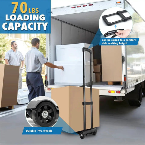 Ultra-compact, lightweight folding hand truck that folds to 17.3 x 9.1 x 3.15 inches and weighs 2.9 lbs shown loading boxes into truck