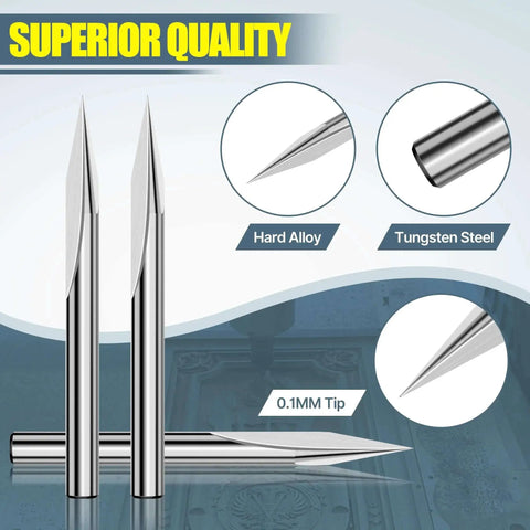 Close-up of Five Pack One Eighth Inch Shank 30 Degree V Bit And Two Flute End Mill CNC Router Bits for engraving with hard alloy tips.