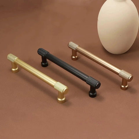 10 Pack Five Inch Matte Black Cabinet Handles Knurled Drawer Pulls and assorted metal finishes on display.