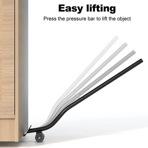 Side view of a black alloy steel 24'' furniture lifter with wheel and four height blocks lifting a cabinet