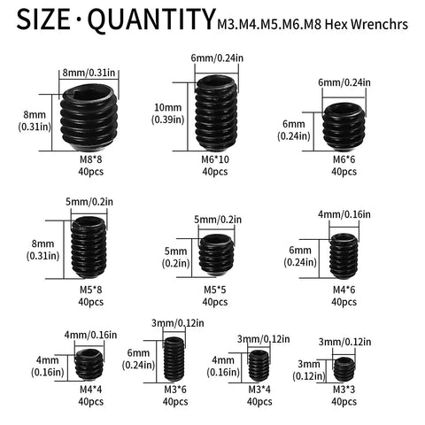 Heavy Duty 400 Piece Set Screws Kit With M3 M4 M5 M6 M8 Allen Head Grub Screws Black Finish Alloy Steel