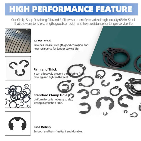 High-performance features of Do-It-Yourself Ready Circlip And E-Clip Kit With Snap Ring Plier Set And Tweezer, 65Mn steel
