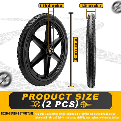Side and front views of 20 Inch Flat Free Wheel Set For Wheelbarrows, Heavy Duty 600Lb Capacity, Direct Replacement with 5/8" bearings.