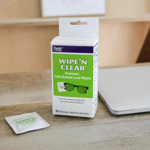 Pre-Moistened Lens Wipes Assorted 20 Count for Glasses and Sunglasses USA Made packaging on desk