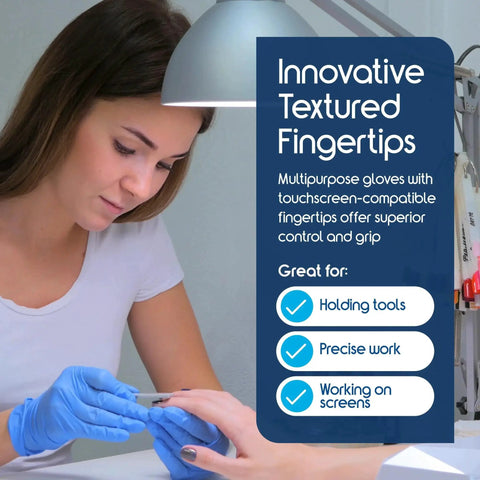 Woman using Nitrile Vinyl Blend Disposable Gloves Latex Free Multipurpose Blue 1000 Large for precise work.