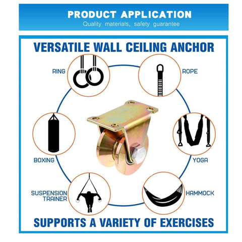 Versatile wall ceiling anchor with diagram showing uses for boxing, yoga, suspension trainer, hammock, and rope exercises.
