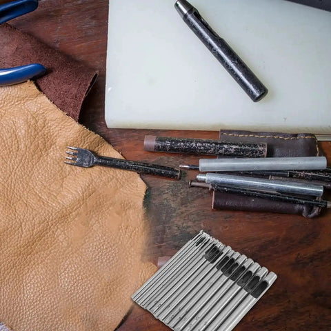Leather Hole Punch Kit 0.5-7mm 17-Piece Round Hollow Punch Set for Belts, Watch Bands, Bags and more with leatherwork items.