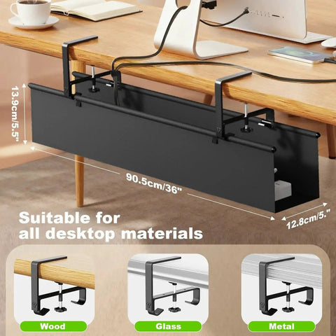 Under Desk Cable Management Tray No Drill Install, 36 Inch Fabric Cord Organizer With Clamp Or Screw Mount Under Wooden Desk