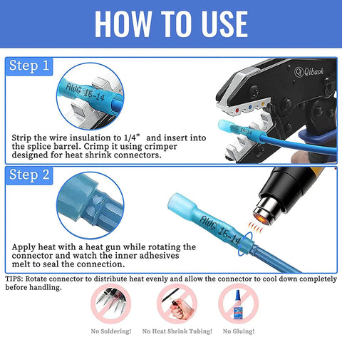 Qibaok blue insulated heat-shrink butt connectors, 660 pcs, crimp electrical wire splices for automotive/marine use