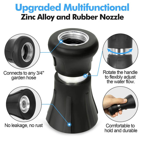 Garden hose nozzle with 3/4 inch stainless fittings, black zinc-alloy body and rubber nozzle, adjustable flow