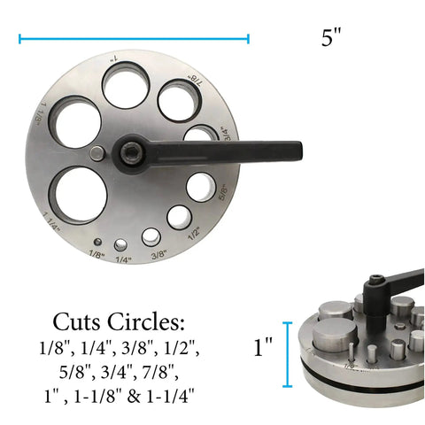 Pro Grade Heavy Duty Steel Circle Disc Cutter Set With Ten Punches showing disc sizes and handle close-up.