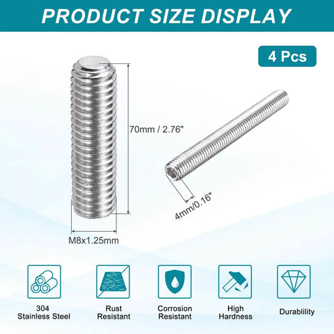 Four Pack M8 1.25 X 70mm Grub Screws In 304 Stainless Steel With Cup Point And Allen Head Internal Hex Socket Drive