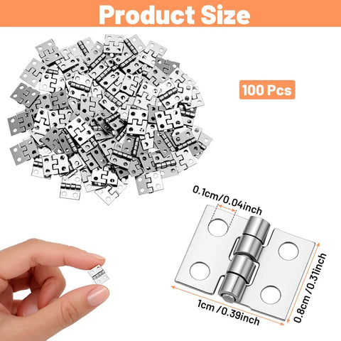 Small Copper Hinges Set 100 Pieces For Jewelry Boxes Dollhouses And Wooden Cabinets 10 By 8 Millimeter Miniature Folding Butt Hinges Durable Silver Finish Great For DIY Crafting Projects showing a pile of hinges, size diagram, and a hand holding a hinge.