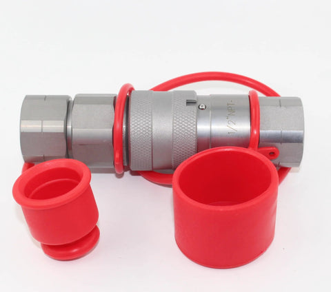 Hydraulic quick-connect coupling set, 1/2 in NPT flat-face with red dust caps, ISO12.5, for skid-steer loaders