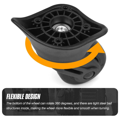 360 Degree Swivel Suitcase Wheels Replacement Caster For Luggage Travel Durable PVC Rubber Hybrid Construction showcasing its flexible design with steel ball structure for smooth turning.