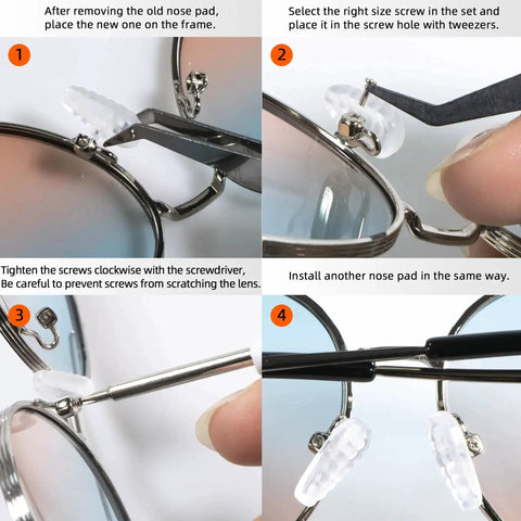 Step-by-step eyeglass repair using 1100Pcs Micro Screw Kit For Eyeglasses And Sunglasses Repair With Magnetic Phillips Screwdriver And Tweezers