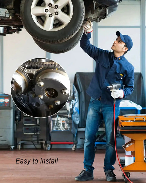 Mechanic installing Engine Timing Camshaft Sprocket Gear Replacement Kit For Hyundai Elantra Kona Veloster And Kia Forte Seltos 2.0L Models 2014 To 2021 Intake And Exhaust Camshaft Sprocket Tool Replace 24370-2E020 243702E020 Easy Install on lift